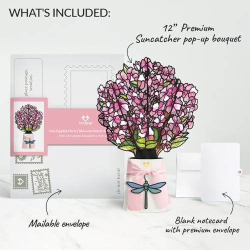 Lovepop Sun-Dappled Cherry Blossom Suncatcher Bouquet - 3D Cherry Blossom Bouquet for Friend, Mom, Grandma, Her, Sister (Sympathy, Birthday, Mother's Day) 12" - Blank Notecard & Envelope Included - color: Sun-dappled Cherry Blossom Suncatcher Bouquet
