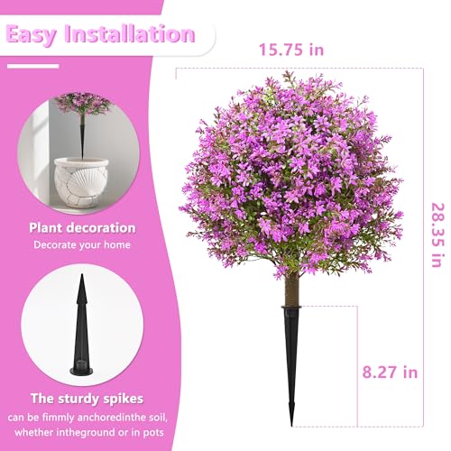28" Artificial Boxwood Topiary Tree Purple, Set of 2 UV Resistant Fake Evergreen Shrubs Bushes with Ground Spike, Realistic Plants for Outdoor Indoor Front Porch Garden Home Decor - color: Purple Boxwood