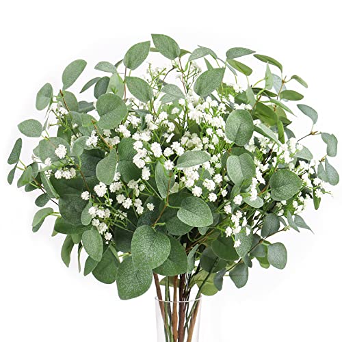 Beferr 5pcs Eucalyptus Stems & 6pcs Babys Breath Artificial Flowers Faux Greenery Bouquets for Wedding Table Centerpiece Home Decor - color: Eucalyptus With Baby's Breath