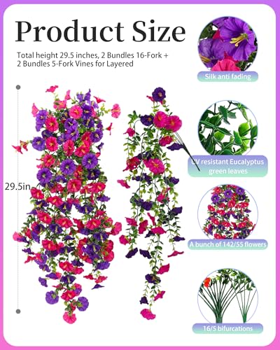 UV Resistant Cascading Artificial Hanging Flowers for Outdoors Decoration,4 Bundles NO Fade Realistic Faux Silk Plants Colorful Morning Glory for Outside Garden Yard Planter Front Porch Decor - color: Rose+purple