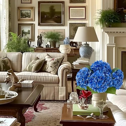 YalzoneMet 3 PCS Dark Blue Hydrangea Artificial Flowers 21 inches Real Touch Faux Latex Hydrangea Flowers for Wedding Tables Centerpieces Royal Blue Fake Flowers for Party Home Kitchen Decor - color: Dark Blue