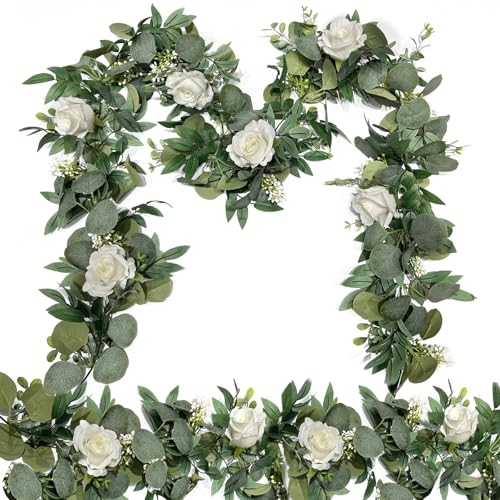2 Pack Artificial Spring Eucalyptus Flower Garland with White Roses, 13Ft Fake Flower Greenery Floral Green Garland Vines for Wedding Arch Table Runner Backdrop Mantle Home Decorations (White) - color: White & Green (2p)