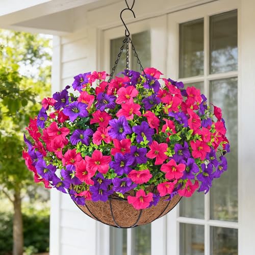Realistic Artificial Hanging Flowers for Outdoors with Basket, 1 Set Large Size UV Resistant Artificial Outdoor Flowers, Full Faux Outdoor Flowers Fake Hanging Flowers for Porch, Front Door, Garden - color: Purple Red+purple, size: 1 Set