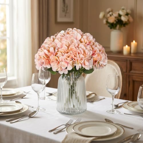 2Bouquets Artificial Fake Flowers Silk Hydrangea Arrangements Wedding Bouquets Decorations Plastic Floral Home Kitchen Garden Party Festival Bar DIY (Light Pink) - color: Light Pink, 5flower Head