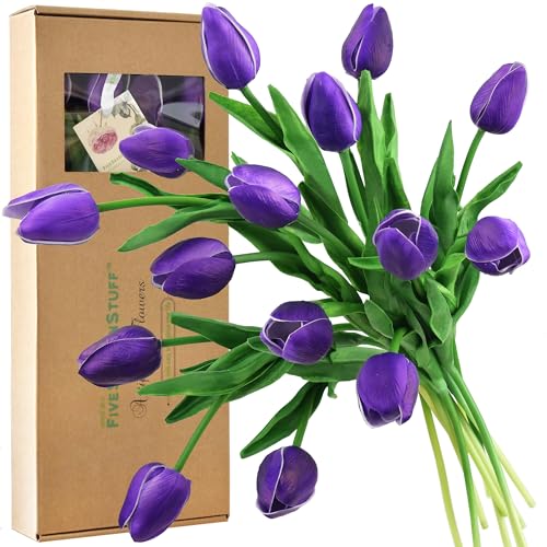 FiveSeasonStuff Real Touch Tulips Artificial Flowers – 15 Stems Faux Tulip Bouquet in Gift Box for Wedding, Home Decor, Party, Floral Arrangements (Sweet Plum Purple) - color: #20 Sweet Plum Purple