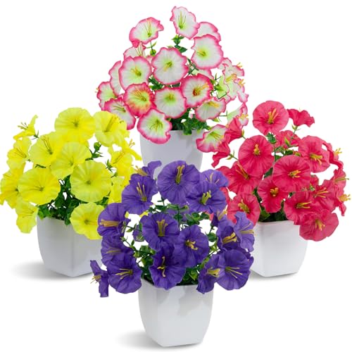 LOYWREE 4 Pack Small Colorful Artificial Flowers in White Pots, Fake Mini Potted Plants, Spring Floral Decor for Home Bathroom Shelves Office Desk Table Centerpiece Indoor Decoration - color: Morning Glory-white Pot, size: White Pot