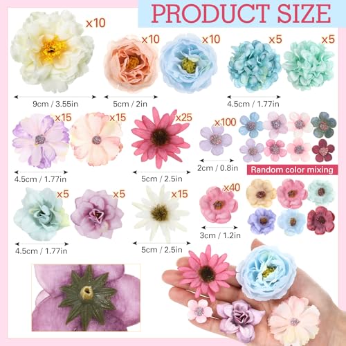 Thiccywoov 250 Pcs Artificial Flowers Heads Bulk Mini Silk Mix Flowers Fake Peony Daisy Rose Multicolor for Blossom Wreath Bouquets Wedding Home Decorations Party Craft Garland DIY(Multicolor) - color: Multi Color