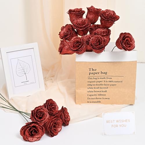 Waipfaru Red Glitter Roses Bouquet, DIY Fake Flowers Bouquet, Everlasting Shiny Artificial Rose Bouquet for Valentines, Anniversary, Engagement, Wedding, 24 Roses - color: Red, size: 24pcs
