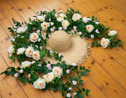 2 PCS 12FT Bendable Flower Garland, Artificial Rose Vine Hanging Floral Garland Decoration for Weding Home Room Wall Decor(Champagne) - color: Champagne, size: 2pcs