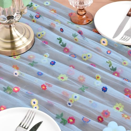 Joanlody 3pcs Blue Embroidery Daisy Spring Summer Table Runner Florals Seasonal Tulle Table Runner for Home Garden Tea Party Holiday Birthday Decoration - color: Blue, size: 10ft x 3pack