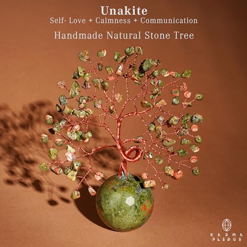 Crystal Tree of Life Birthday Gifts for Women, Handmade Home Decor, Office, Room Decoration, Unakite Healing Crystal Chakra Tree for Money, Positivity, Reiki, Good Luck Gifts for Her, Mom & Dad - color: Ball Base Unakite Crystal Tree