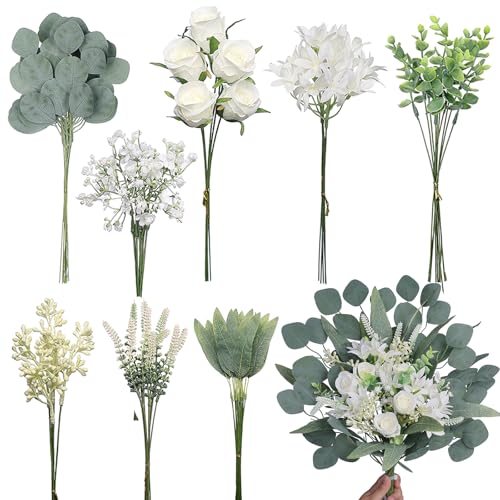 VIERENA Artificial Greenery Stems Box Set(Pack of 75pcs) with 8 Kinds of Faux Plants and Fake Flowers for DIY Wedding Bouquet Table Centerpieces and Floral Arrangement (White&Green) - color: White&green