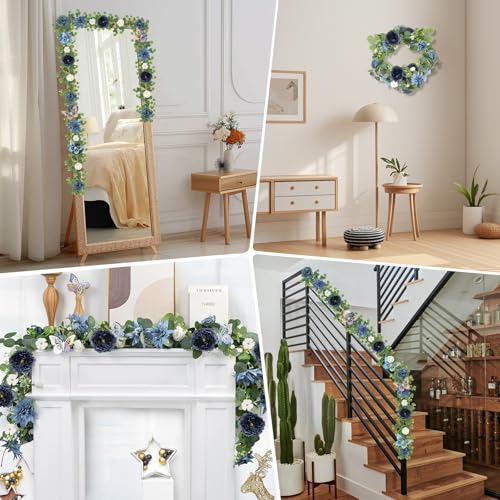 Eucalyptus Garland with Flowers - 6 Pack 5.9 FT Fake Flower Garland with Butterflies Faux Rose Greenery Garlands for Wedding Table Backdrop Arch Centerpieces Decorations - Navy Blue - color: Navy Blue, size: 6 Pack