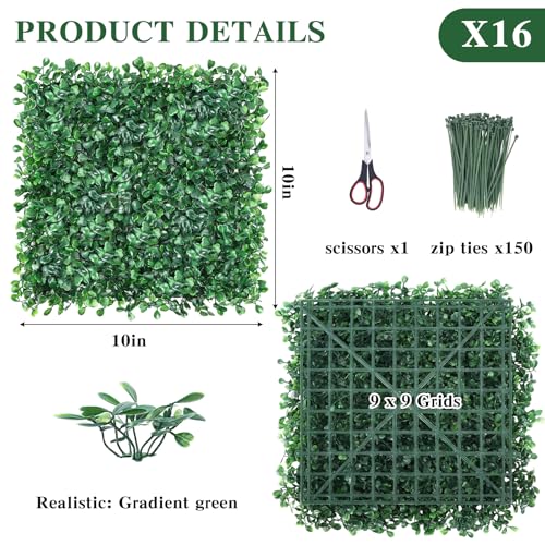 CEWOR 10"x10" Artificial Grass Wall Panels, 16pcs Boxwood Hedge Wall Panels, UV Resistant & Anti-Fade Greenery Privacy Panels for Indoor/Outdoor Green Wall Decor, Ivy Fence Covering, Backdrops & More - size: 10"X10" 16P