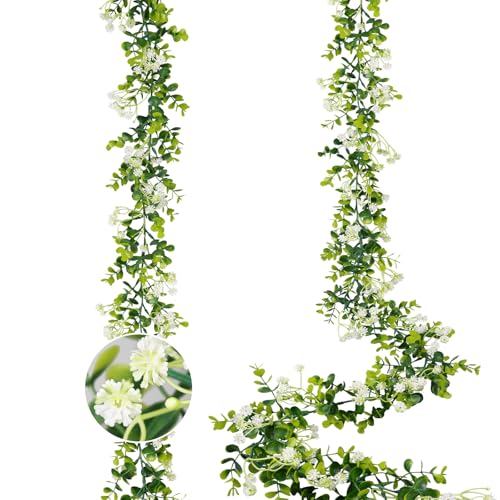 6FT Eucalyptus Garland with Flowers, 2 Pack Artificial Greenery Garland Hanging Summer Eucalyptus Garland Suitable for Table Wedding Backdrop Arch Wall Party UV Protected Indoor Outdoor Decor - size: 2 Pack