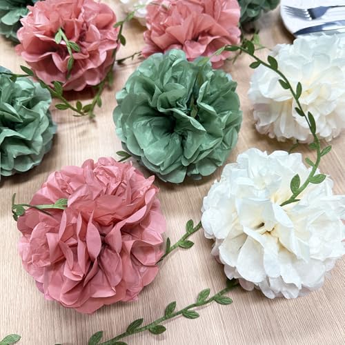 Sage Green Dusty Rose Pink Beige Tissue Paper Flowers Pom Pom with Leaf Ribbon Hanging Garland Streamer for Girl Safari Woodland Jungle Baby Shower Birthday Wedding Garden Party Decorations Supplies - color: Dusty Pink Green