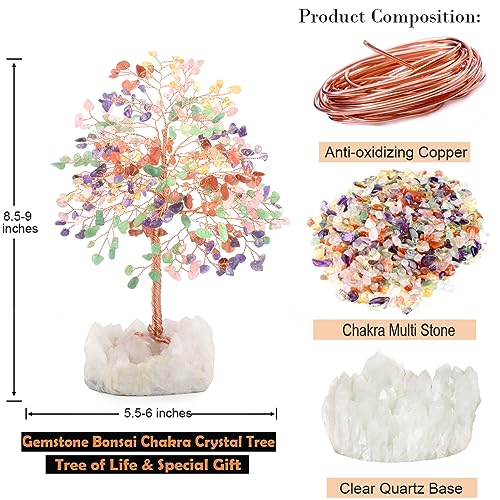 Chakra Crystal Tree of Life Natural Gemstone Healing Crysals(406 Stone Count) with Clear Quartz Base,Fengshui Decor Money Tree,Positive Energy Lucky Gift Height 8.5-9 Inches - color: Muilti Chakra Tree With Quartz Base