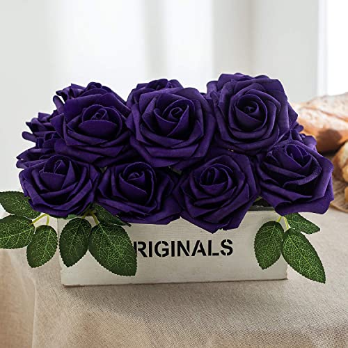 25pcs Artificial Flower Foam Rose Real Touch Roses Flower Heads with Stem for DIY Wedding Bouquets Centerpieces Arrangements Party Baby Shower Home Decor (Purple) - color: Purple