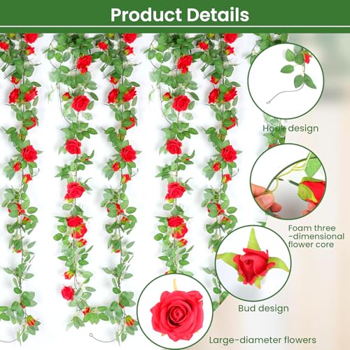 4p Red Artificial Rose Vine,Rose Garland,Pink Flower Vines for Decoration, Wedding, Garden, Wall Decoration,Backdrop,Bedroom,Birthday Party - size: Red - 4 pcs