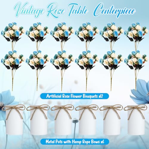 Domensi 6 Sets Wedding Centerpiece for Table Artificial Rose with Vase Fake Bouquets and Metal Pot Flower Arrangements for Bridal Shower Birthday Party Event Table Decor (Teal) - color: Teal