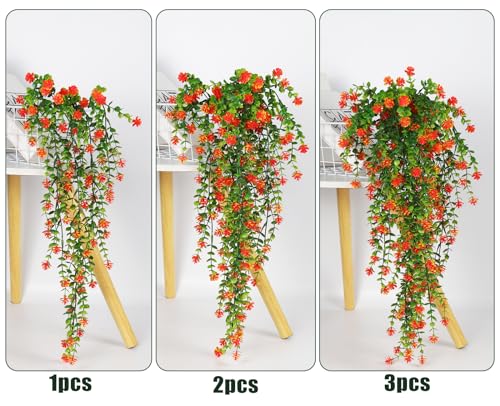 Faux Hanging Plants Hanging Greenery Outdoor Artificial Vines for Outdoors Hanging Plants with flowers Artificial Hanging Plants Indoor Outdoor Wall Garden Wedding Interior Decoration(Orange Red) - color: Orange Red, size: Hanging Plants
