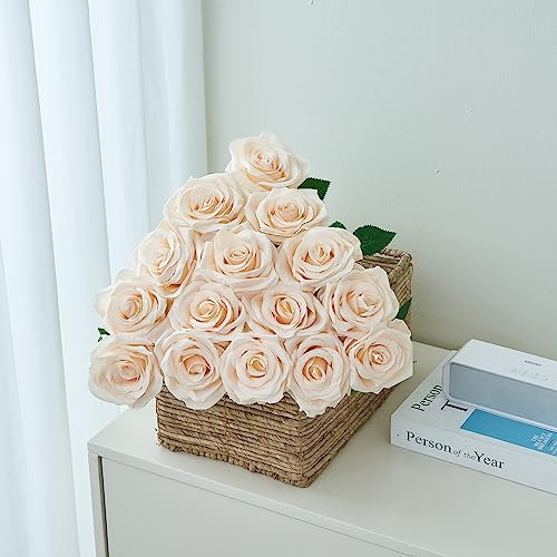 15pcs Champagne Roses Artificial Flowers Silk Fake Flowers Realistic Faux Roses Bouquet Long Stem for Wedding Home Party Birthday Decoration - color: Champagne