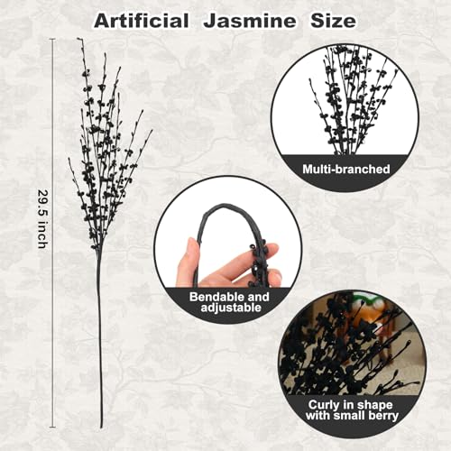 5Pcs Long Stem Flowers Jasmine Black Flowers Artificial, 29.5"/75cm Faux Jasmine Bouquet for Wedding Modern Gothic Home Party Fall Harvest Festival Decoration - color: Black, size: 5 PCS