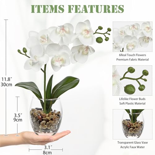 White Orchids Artificial Flowers with Vase, Small Faux Orchid Arrangement Set of 2 Fake Flowers in Glass Vases Small White Centerpieces for Kitchen Dining Room Tables Bathroom Nightstand Shelf Decor - color: White # Clear#2 Packs