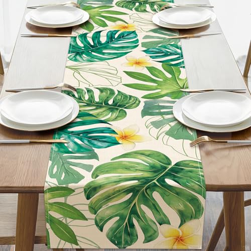 Tropical Plant Monstera Palm Leaves Dining Table Runner, Spring Summer Hawaii Botanical Burlap Kitchen Decoration, Frangipani Flower Indoor Outdoor Home Decor Party Supply 13 x 72 Inches - color: Tropical Plant, size: Table Runner 13''X72''