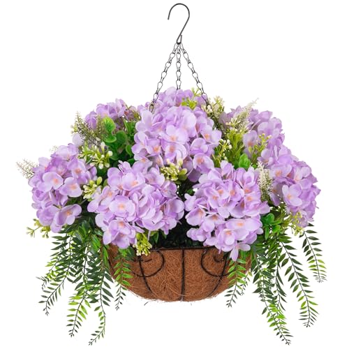Ammyoo Artificial Flowers in Hanging Basket Planter for Home Spring Summer Decoration, Silk Hydrangea Outdoor Indoor Arrangements, 12" Metal Coconut Lining Basket with Faux Plant(Light Purple) - color: Z-light Purple With Basket