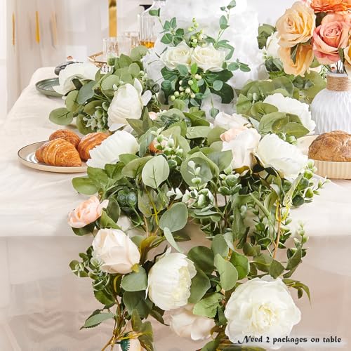 PONKING Flower Garland Artificial Rose Vine Flowers Hanging Fake Roses Vines for Wedding Birthday Party Valentines Christmas Room Wall Arch Decor, 2 White & 1 Light Pink Floral Garland Decorations - color: Huge Flower White Vines 5.4ft