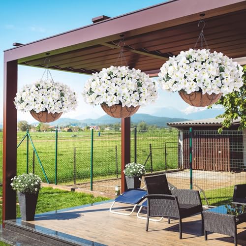 Artificial Hanging Flowers Faux Plants Basket for Outdoors Spring Summer Decor, Fake Silk Bougainvillea in Planter Outdoor Look Real UV Resistant Faux Flower for Outside Porch Patio Garden Home, White - color: White-new