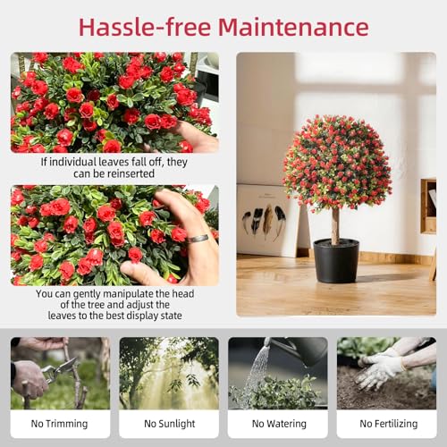 Artificial Rose Topiary Ball Trees, Set of 2 Fake Shrubs Bushes, UV Resistant Faux Evergreen Tree for Front Porch Outdoor Garden Decor - color: Rose, size: with Pot