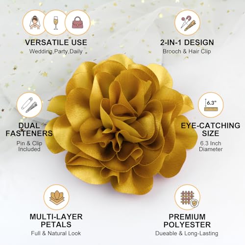 6.3” Large Flower Hair Clips for Women - Floral Hair Clip & Brooch for Dresses, Coats, Hats & Special Occasions | Brooches and Pins for Women - Decorative Wedding Gift Accessory - Gold - color: Gold