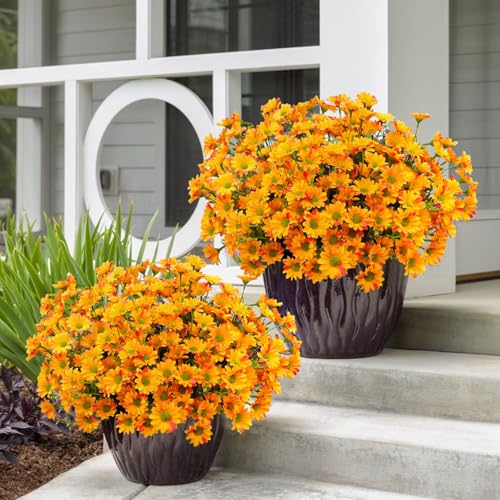 16 Bundles Silk Daisy Artificial Flowers for Outdoors UV Resistant Fake Daisies Plastic Plants Flower for Home Outside Front Door Porch Garden Patio Planters Decoration (Orange) - color: Orange
