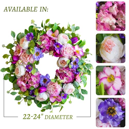 Summer Wreaths for Front Door 24 Inch Spring Summer Wreath with Blush Pink Roses & Purple Blooms and Hydrangeas,Luxury Summer Door Wreath for Porch,Home,Wall,Window Decor(Indoor Outdoor Use) - color: Hydrangeas