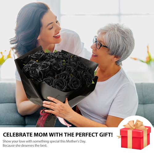 Fanfantoey Black Roses Artificial Flowers Bulk, 52Pcs Fake Roses Flower Arrangement, DIY Silk Flowers Roses Bouquet, Realistic Faux Artificial Roses for Mother's Day Home Table Decor