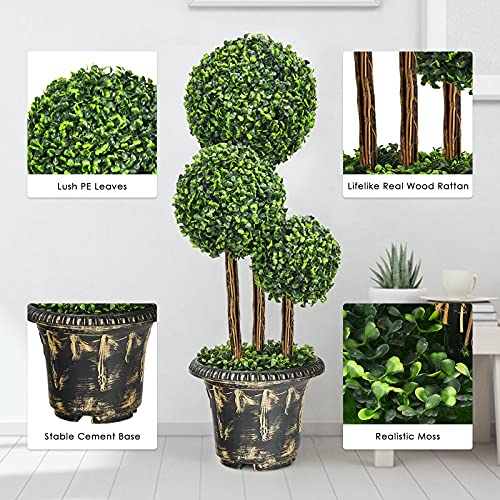 Goplus 3 Ft Artificial Boxwood Topiary Tree, 2 Pack Fake Greenery Plants Triple Ball Tree, Leaves & Cement-Filled Plastic Flower Pot Decorative Trees for Home, Office, Indoor and Outdoor Use - size: 3 Ft