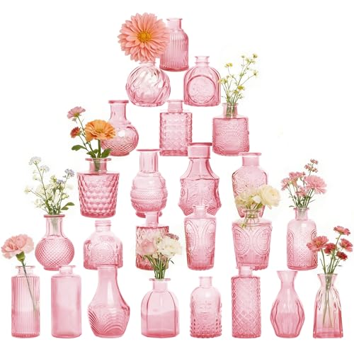 Petal Petite Small Pink Glass Bud Vase Set of 24 for Wedding Centerpieces | Pink Glass Vase, Mini Bud Vases in Bulk, Vintage Flower Vase Set for Single Stem, Home and Office Decor - color: Pink