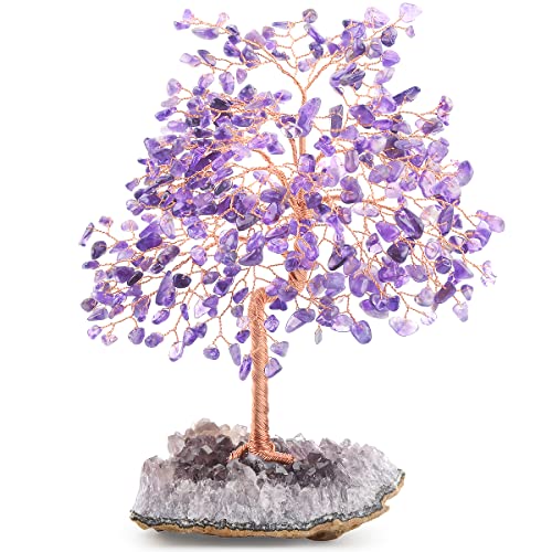 Natural Gemstone(406 Stone Count) Amethyst Crystal Tree of Life,Chakra Balancing Positive Enegy Fengshui Decor Bonsai Money Tree,Good Luck Spiritual Gift Height 8.5-9 Inches - color: Amethyst With Amethyst Cluster Base