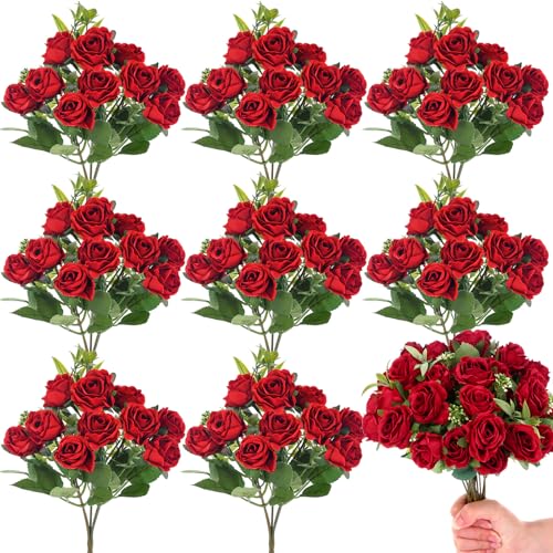 Zeyune 8 Pack Artificial Mini Red Roses, 12 Inch Fake Flowers with Stems, 80 Small 1.6 Inch Flower Heads, Silk Mini Rose Bouquets for Wedding Centerpieces, Bridal Bouquets, Home Party Decor - color: Red