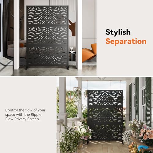 Modern Shade 4x6 FT Metal Privacy Screen with Artistic Modular Designs Decorative Patio Privacy Fence & Garden Divider, Freestanding Outdoor Metal Fence Panel, Weather-Resistant (Ripple Flow) - size: 1 Panel (Ripple Flow)