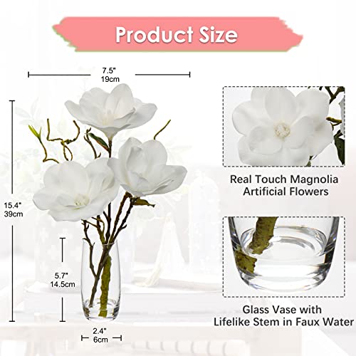 DILATATA Faux Flowers in Vase 15.4" Magnolias Flowers Arrangement with Faux Water Real Touch Flowers for Wedding Table Centerpiece Home Decor, White - color: White-magnolia#1