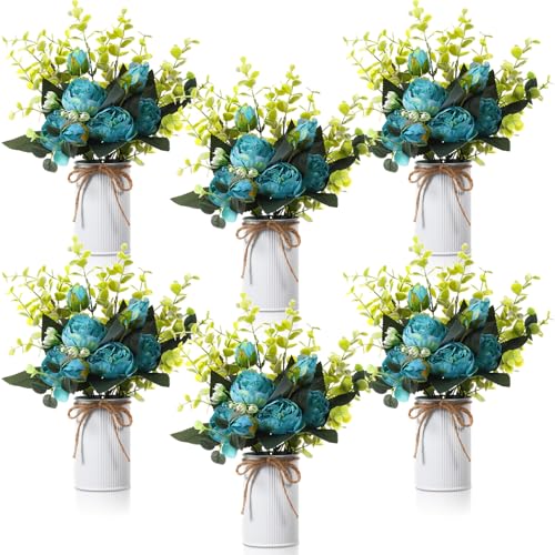 6 Sets Artificial Peonies Flowers, 6 Artificial Peony with Vase 6 Faux Eucalyptus, Faux Silk Peony Bouquet Spring Flowers for Decoration Wedding Party Home Dining (Teal) - color: Teal