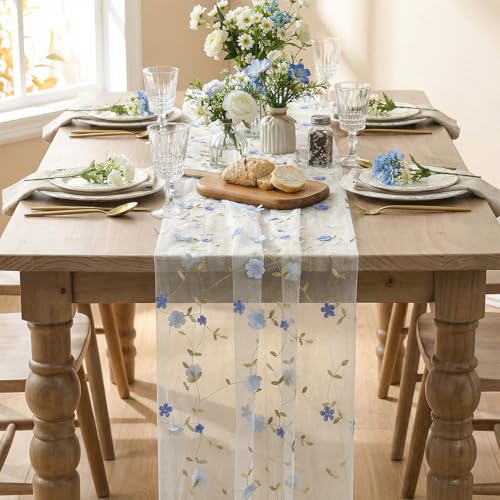 Artoid Mode Blue 3D Flower Gauze Embroidery Table Runner 120 Inch 10FT, Tulle Seasonal Spring Kitchen Dining Holiday Table Decor for Home Party - color: White-blue