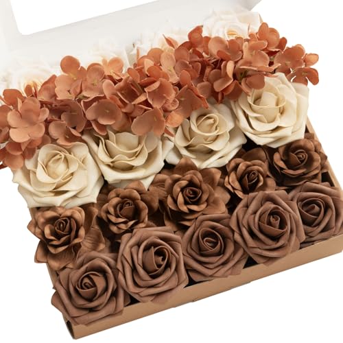 Ling's moment Artificial Flowers Fake Silk Hydrangea Faux Gardenia Foam Roses Combo for DIY Wedding Centerpieces Arrangement Bridal Shower Party Home Decoration, Earth Brown & Tawny Beige, 31pcs - color: Brn-earth Brown & Tawny Beige
