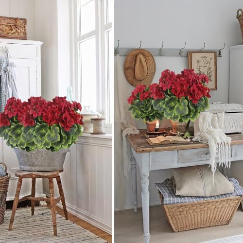 2 Pcs Artificial Geraniums for Outdoor Silk Geranium Flowers Red Artificial Geranium Bush Faux Flowers Geraniums Branch for Garden Patio Grave Cemetary Vase Table Centerpiece Indoor Decor - color: Red