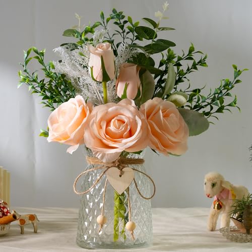 Fake Flowers with Vase Silk Rose Flowers in Vase Eucalyptus Flowers Arrangement Suitable for Home Office Decoration, Dining Table Centerpiece (Rose-Champagne) - color: Rose-champagne