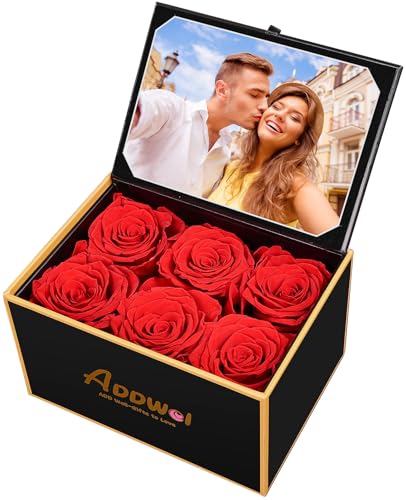 ADDWel Preserved Rose Gift Box with 4x6 Photo Frame, Romantic Flower Gifts for Women, Wife or Girlfriend, 6 Eternal Roses for Delivery on Christmas, Birthday, Anniversary, Valentine’s Day - color: Red