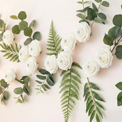 100Pcs Real Looking White with Diamonds Artificial Rose Flower Heads, Foam Fake Roses for DIY Wedding Decorations Baby Shower Centerpieces Home Party Valentine's Day Mother's Day Decor - color: 100pcs White With Diamonds